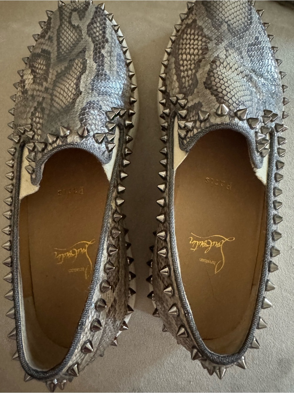Christian Louboutin Silver Snakeskin Studded Loafers